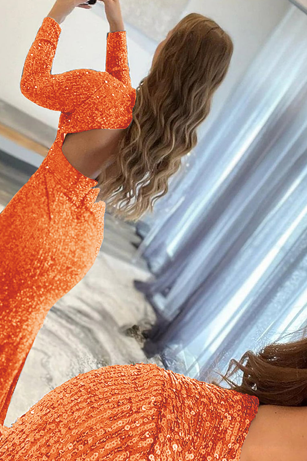 Long Pink Sequins Prom Dress with Deep V Neck and Front Split Sheath