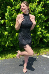 Black Halter Sequins Tight Homecoming Dress/Mini Dress