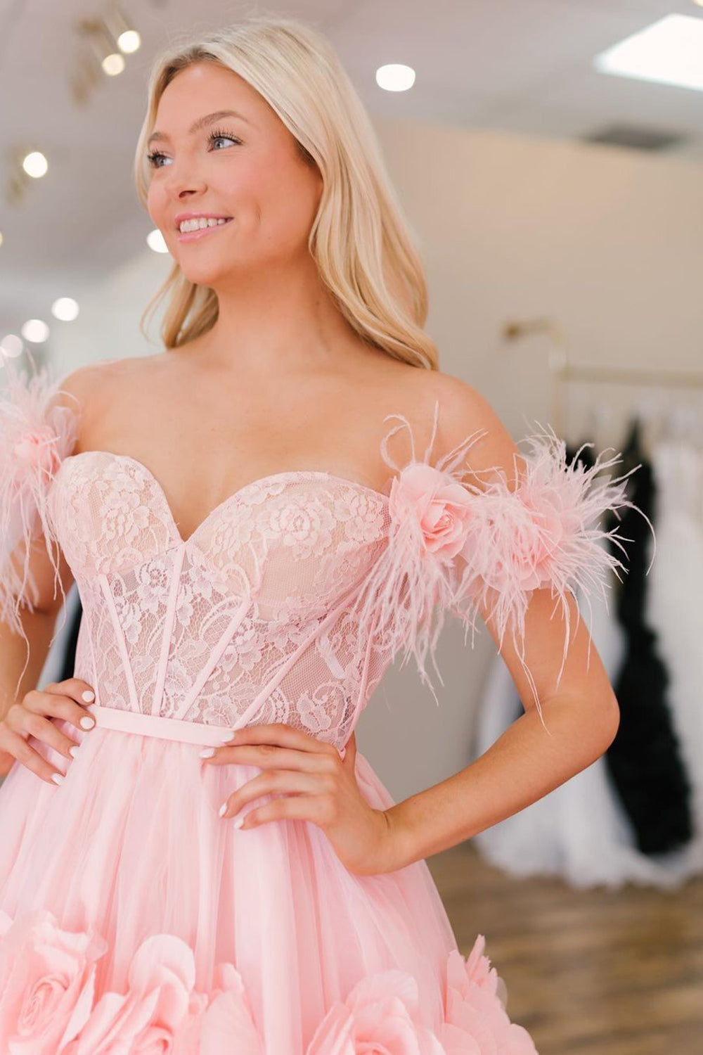 Pink Off-the-Shoulder Princess A-Line Corset Prom Dress with Feather