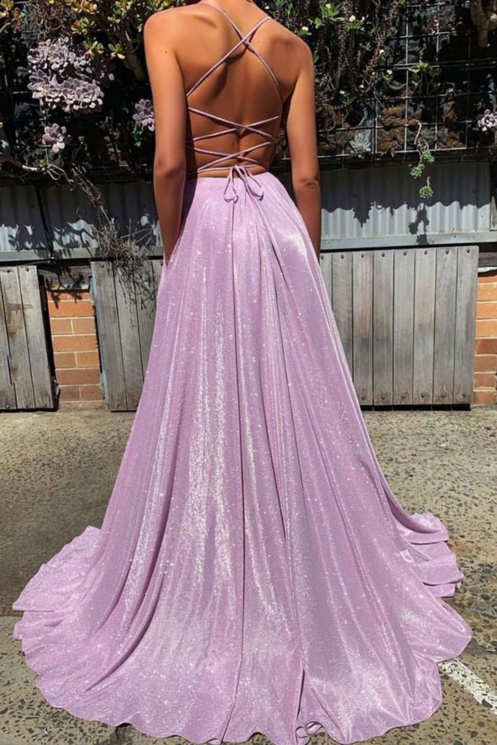 Sparkly Prom Dress with a V-neck in Purple