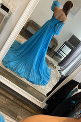 Long Blue Sweetheart A-Line Prom Dress Featuring a Front Split