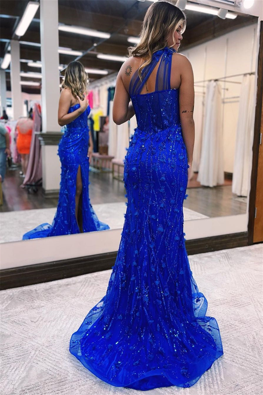 Fashion One Shoulder Sleeveless Blue Slit Mermaid Evening Dress With Beautiful Appliques