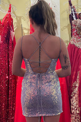 Sparkly Purple Sequined Lace-Up Back Tight Short Homecoming Dress/Mini Dress