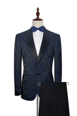 Black Silk Peak Lapel Men's Suits Dark Navy Jacquard Prom Suits for Weddings