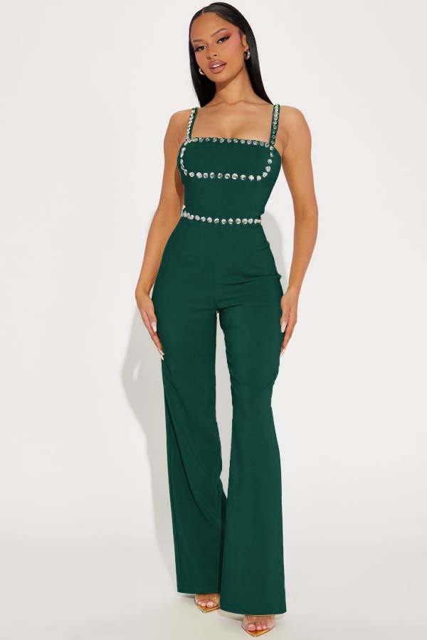Fashion Green Square Neck Spaghetti-Straps Slim Fit Jump Suit