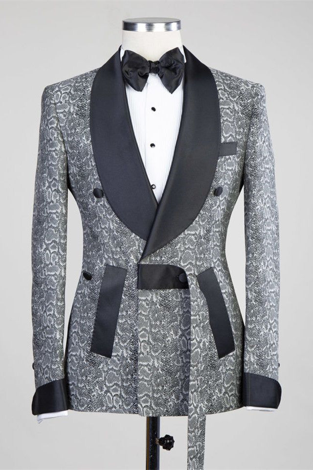 Khalil Gray Black Lapel Jacquard Wedding Men's Suits with Double-Breasted