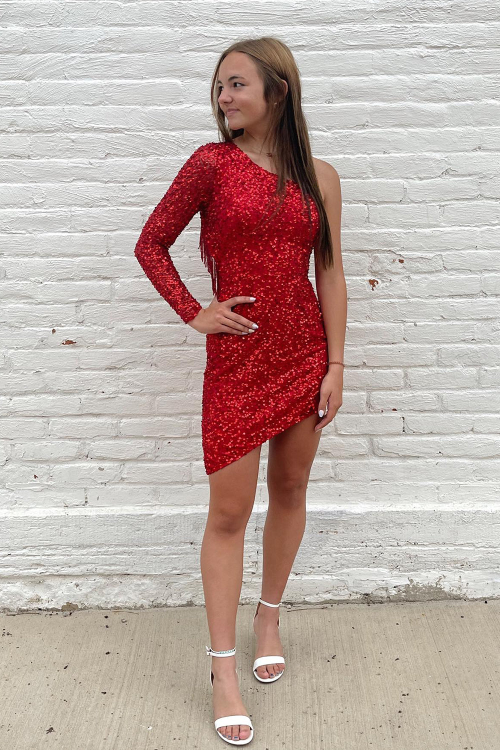 Sparkly Hot Pink One Shoulder Tight Sequins Homecoming Dress/Mini Dress with Fringes