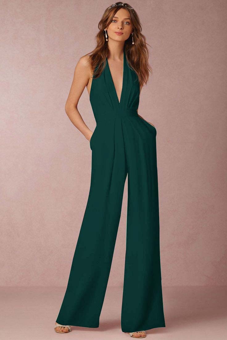 Casual Black Deep V-Neck Halter Long Daily Jump Suit