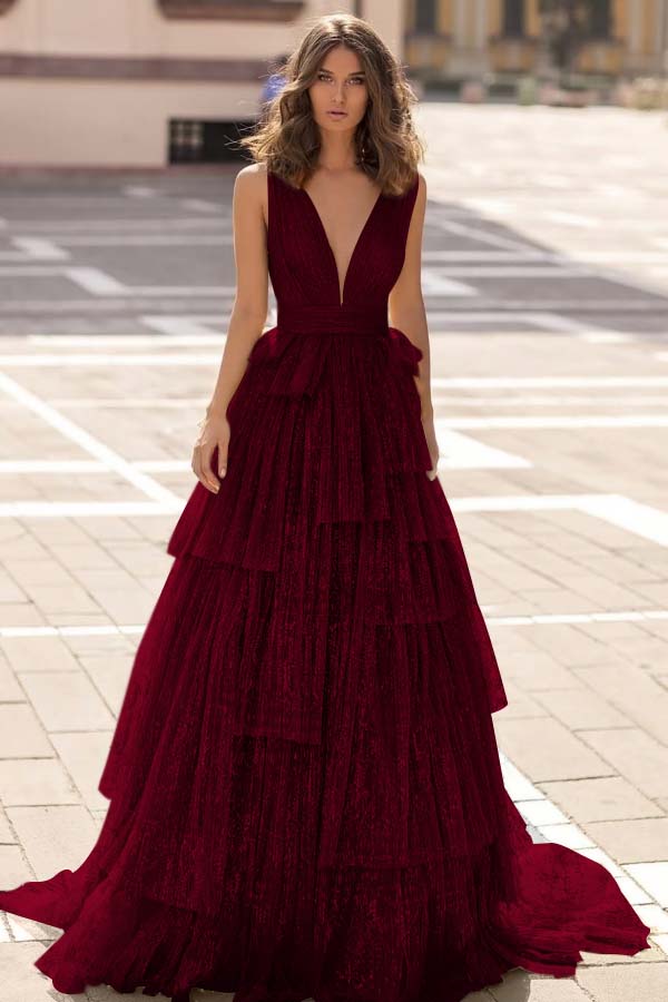 Tulle Straps V Neck Sleeveless Long Formal Dress With Sequin Pleated