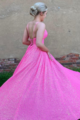 Long A-Line Prom Dress with Fuchsia Sequins and Spaghetti Straps