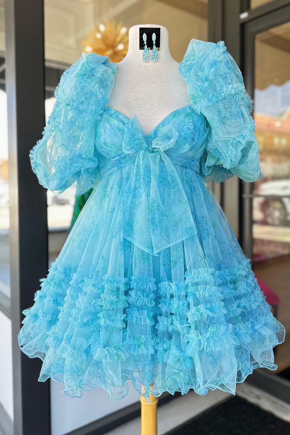 Dark Blue Puff Sleeves A-Line Floral Short Homecoming Dress/Mini Dress with Ruffles