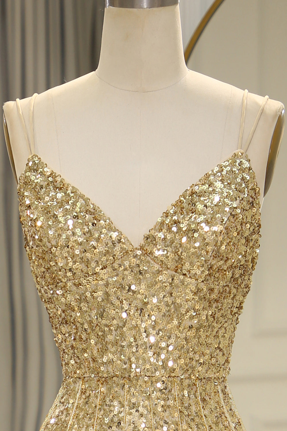 Golden Sequins Long Prom Dress with Bling Mermaid Spaghetti Straps and Split Front