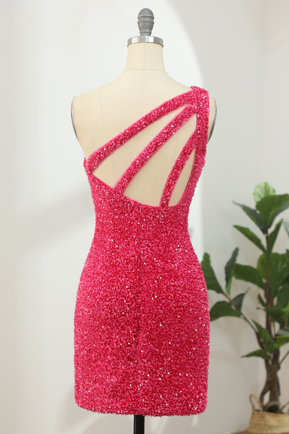 Hot Pink Open Sequins One Shoulder Tight Homecoming Dress/Mini Dress