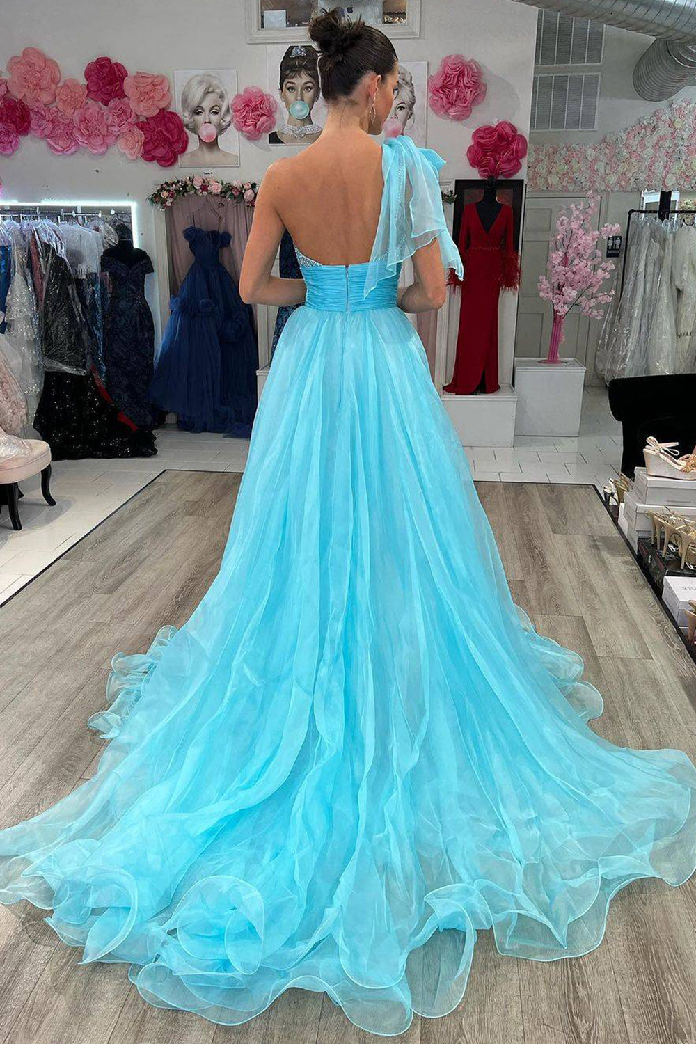 Long Sky Blue Sparkly Prom Dress with Beading in A-Line One-Shoulder Style