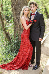 Long Red Sequined Prom Dress with Mermaid Spaghetti Straps and Front Split