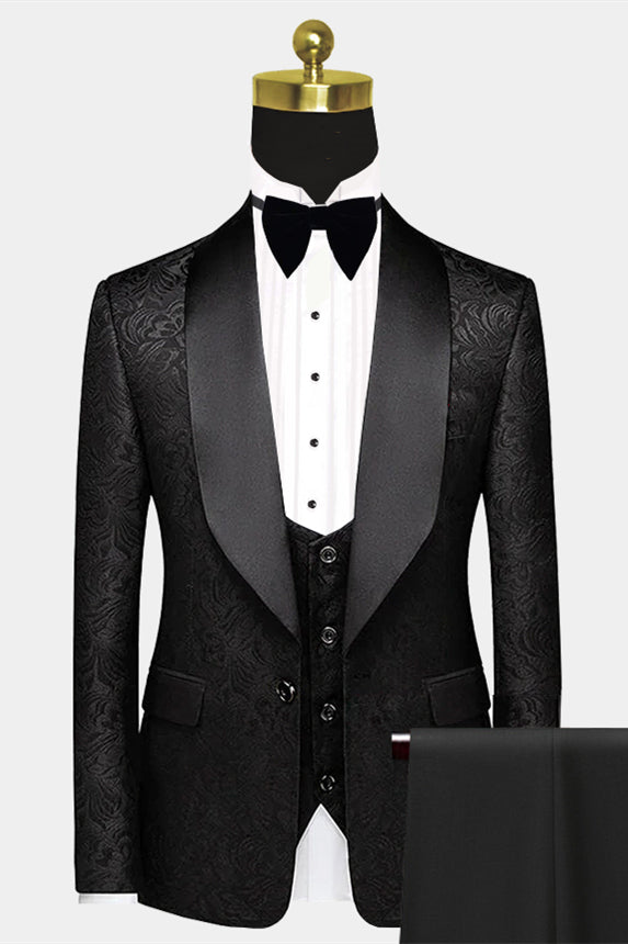 Popular Black One-Button Satin Shawl Lapel Prom Suits Jacquard Wedding Tuxedos