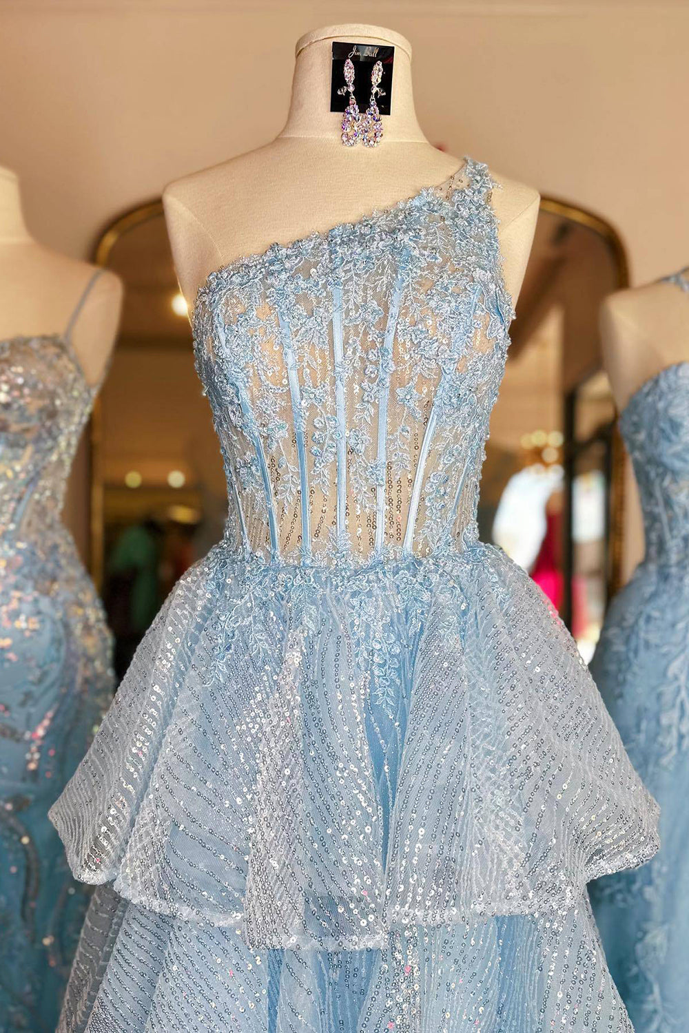 Blue One-Shoulder Corset Prom Dress with Ruffles in A-Line Princess Style