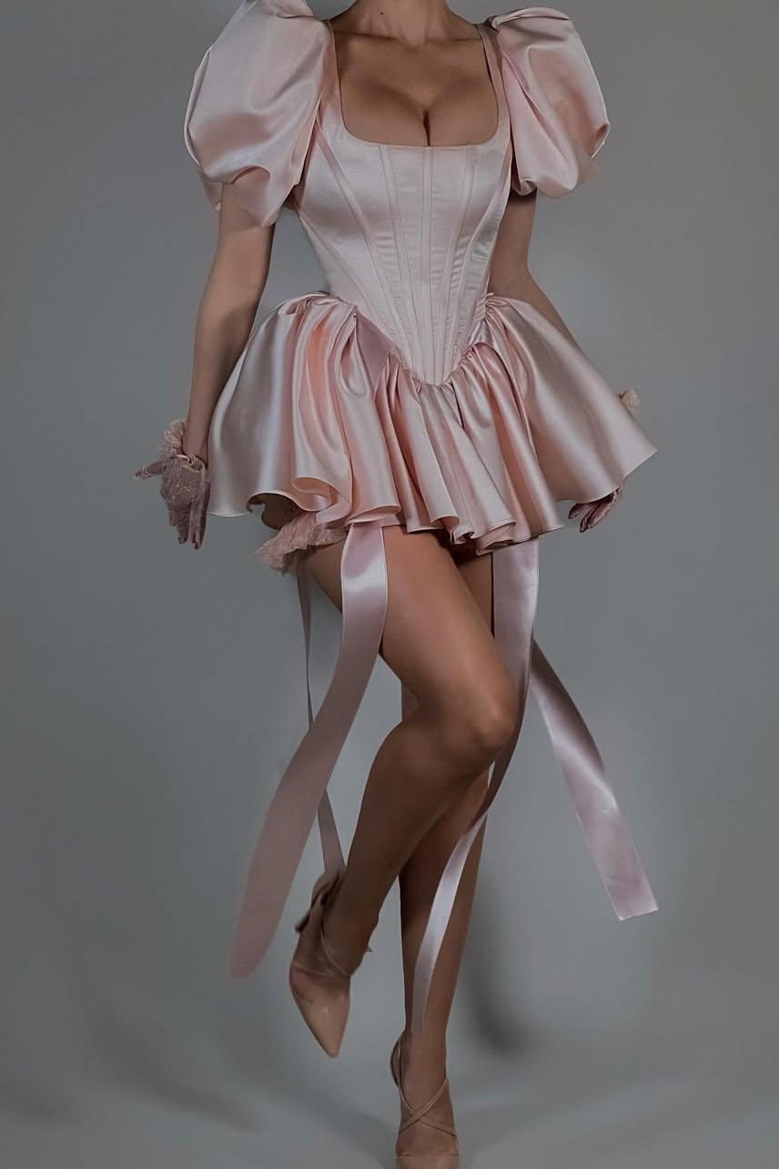 Bubble Sleeves Square Neck Short Formal Dress With Ruffles Pleated