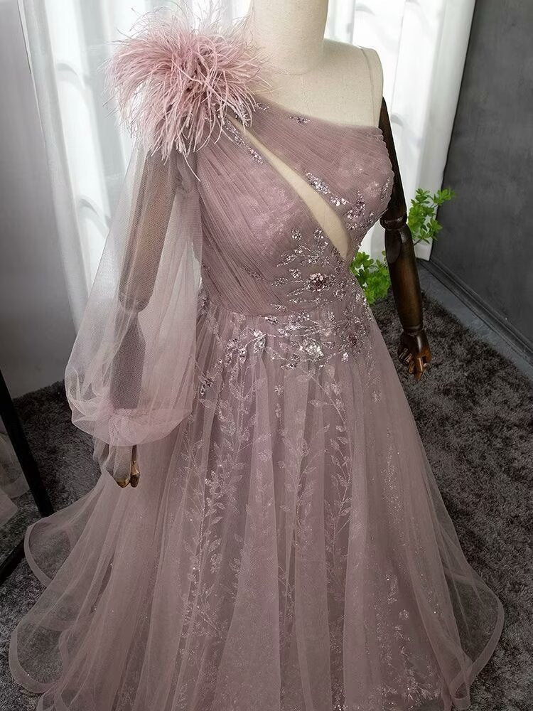 Shinning Blushing Pink One Shoulder Appliques Embroidery Formal Dress
