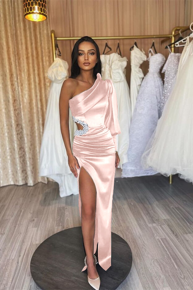 Black One Shoulder Long Sleeve Slit Mermaid Evening Dress With Pearls
