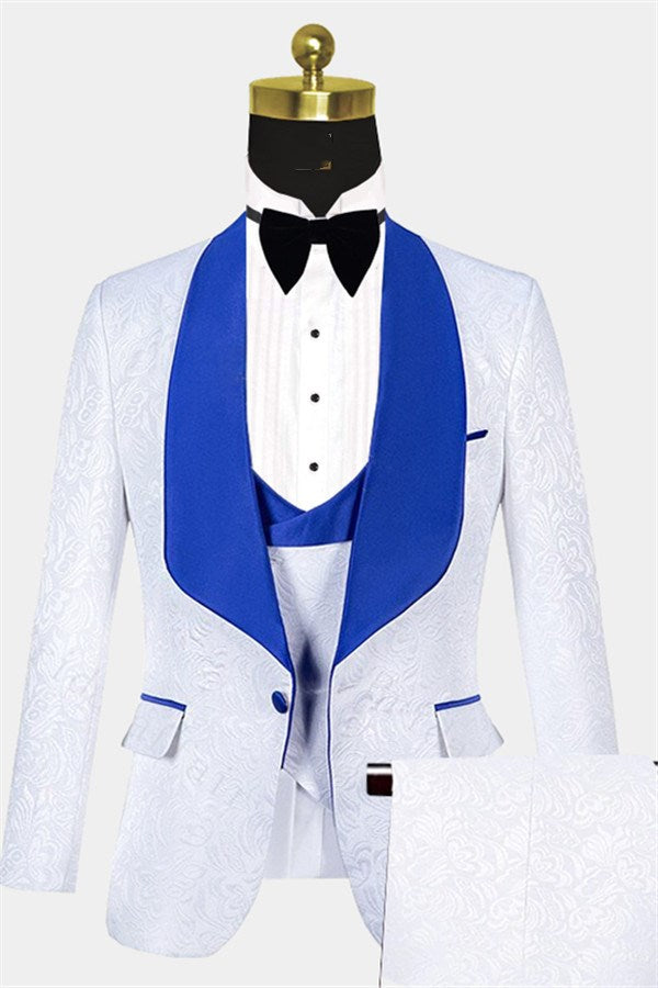 Blue Shawl Lapel Suit for Groom with White Jacquard Tuxedo