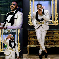Elegant Black Three-Piece Lapel Wedding Groom Men's Suit with White Jacquard