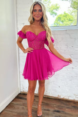 Sparkly Fuchsia Lace-Up Back A-Line Short Homecoming Dress/Mini Dress with Lace