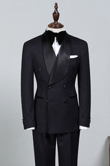 Solomon Classic All Black Double-Breasted Bespoke Wedding Suit for Grooms