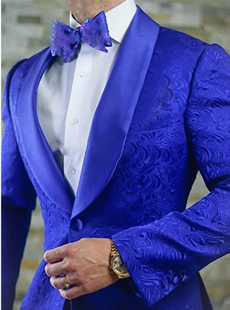 Royal Blue Jacquard Shawl Lapel Wedding Blazer in Two Pieces