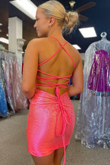 Sparkly Pink Beaded Lace-Up Back Tight Short Homecoming Dress/Mini Dress