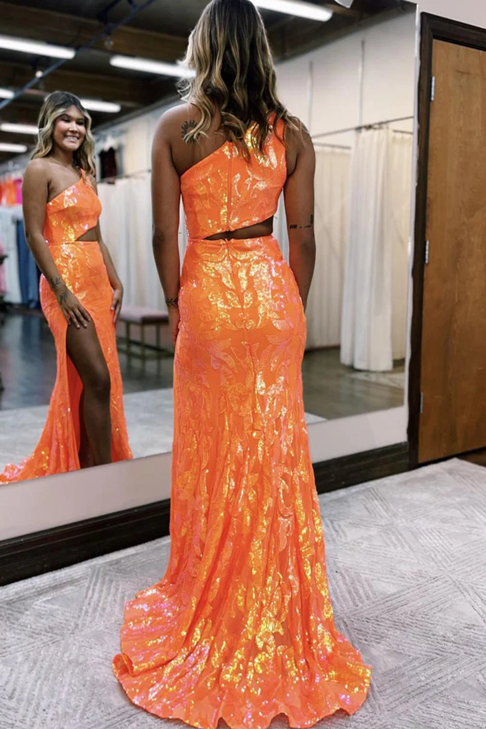 Long One Shoulder Prom Dress in Sparkly Orange Sequin with Slit