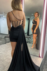Red Corset One Shoulder Tight Short Satin Homecoming Dress/Mini Dress with Ruffle