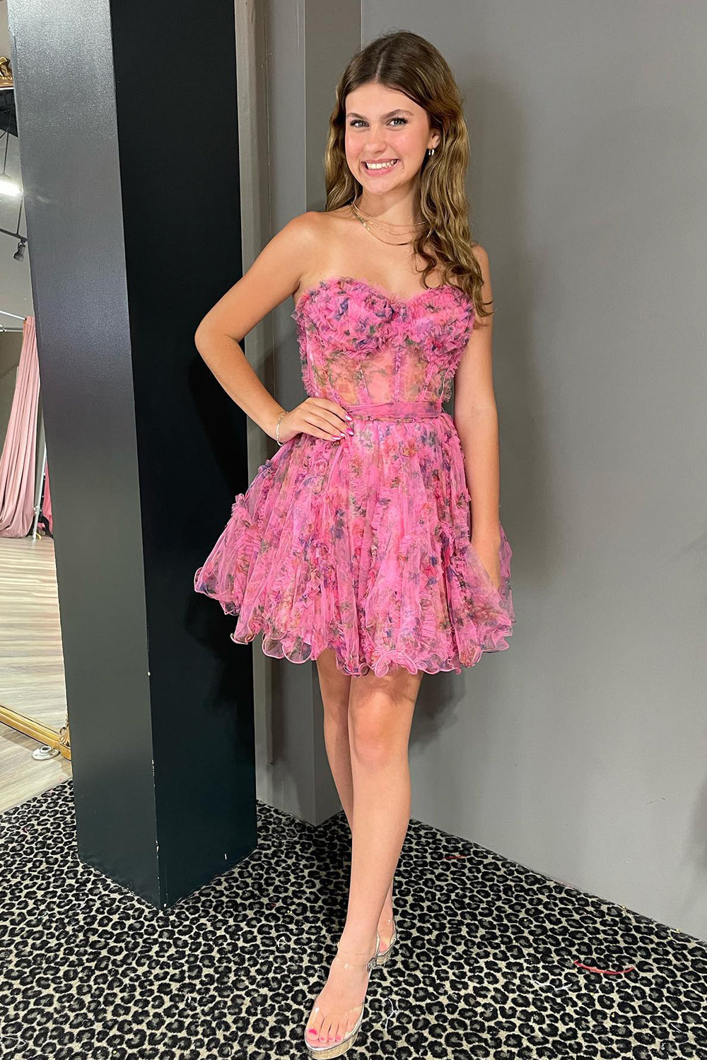 Lilac Corset Sweetheart Floral A-Line Short Homecoming Dress/Mini Dress with Ruffles