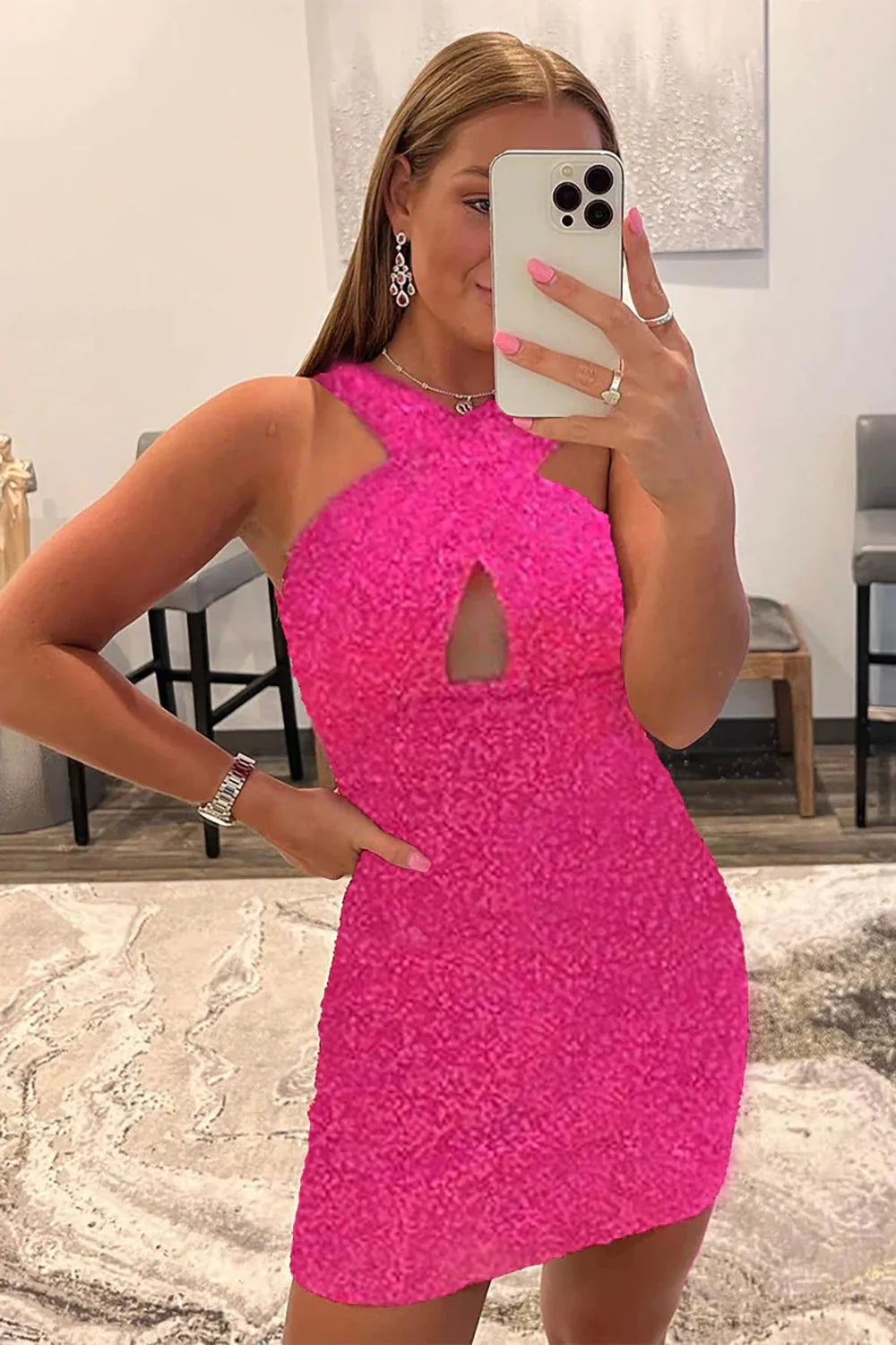 Glitter Royal Blue Halter Backless Sequins Tight Homecoming Dress/Mini Dress