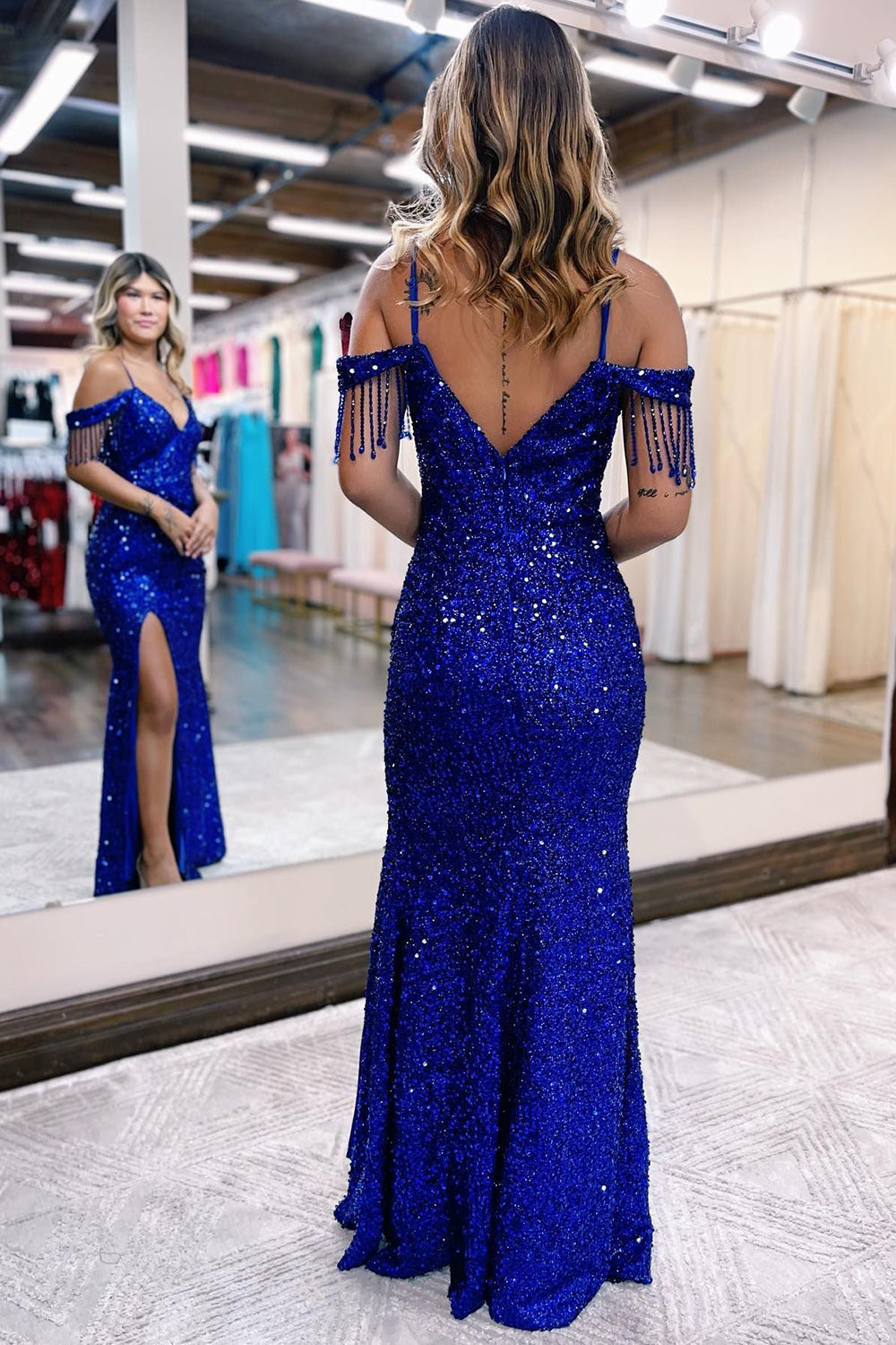Off-the-Shoulder Royal Blue Sequined Sheath Prom Dress with Fringe