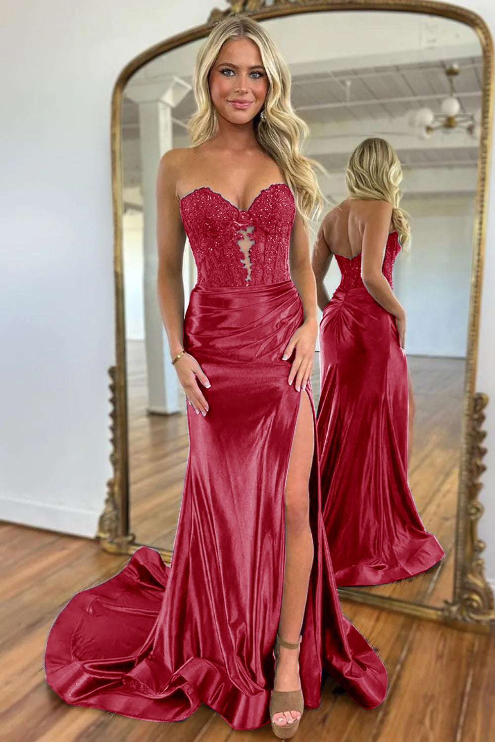 Sweetheart Long Corset Prom Dress in Navy with Mermaid Slit