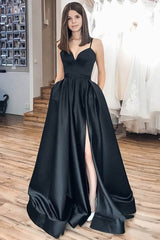 Black Long A-Line Prom Dress with Spaghetti Straps and Slit