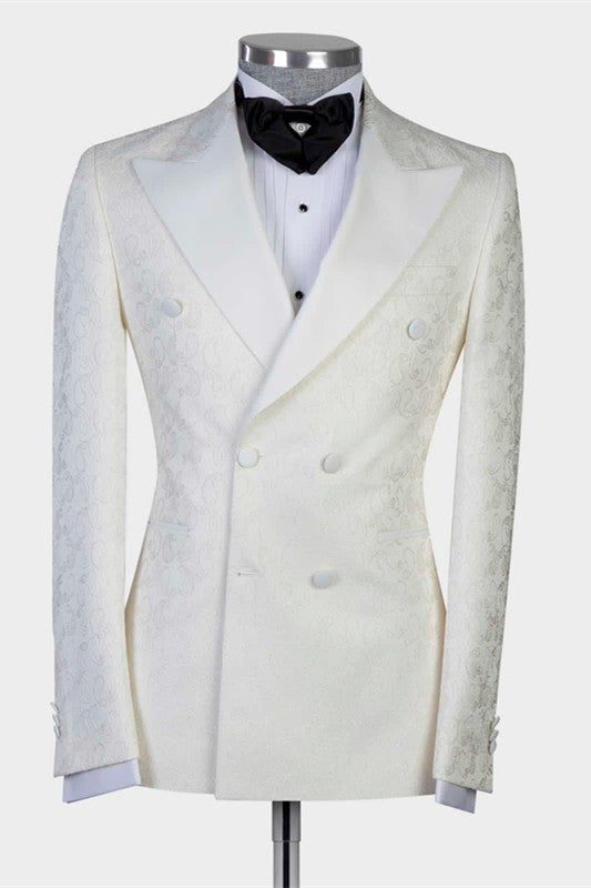 Stylish White Jacquard Peaked Lapel Double-Breasted Wedding Suit for Men