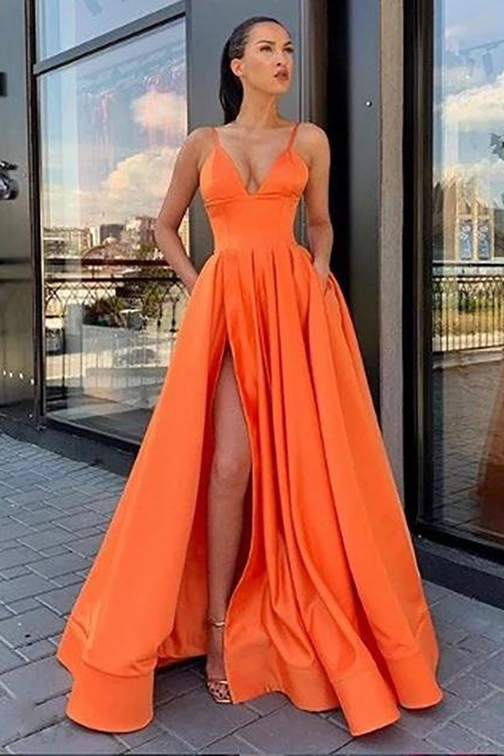 Black Long Prom Dress with Spaghetti Straps and a Slit in A-Line Style