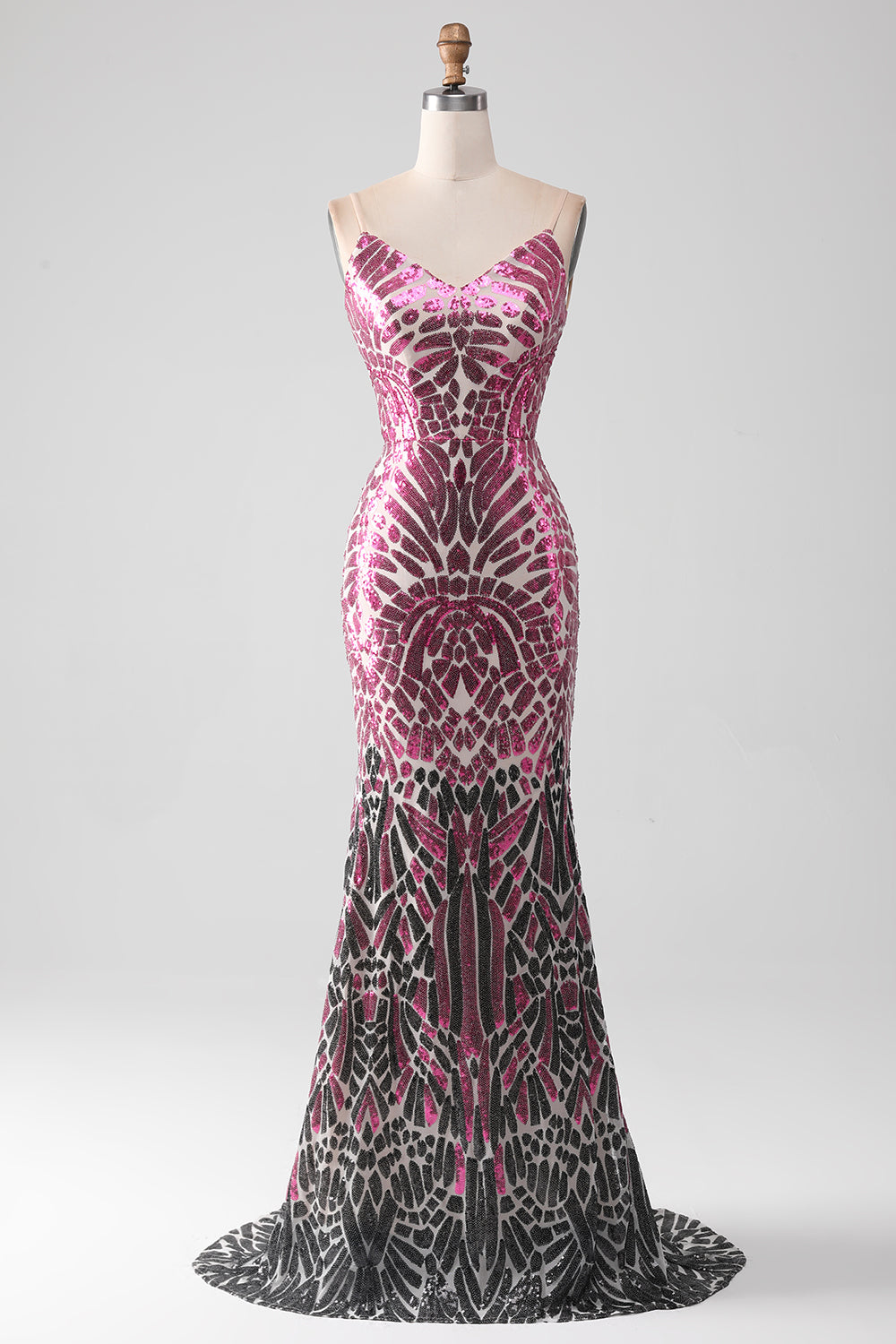 Elegant Pink Sequined Mermaid Prom Gown with Spaghetti Straps