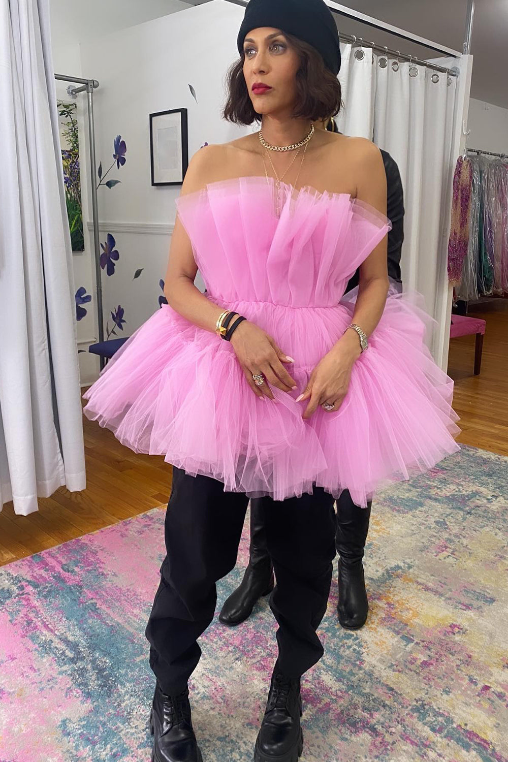 Pink Strapless A-Line Tiered Tulle Short Homecoming Dress/Mini Dress