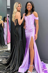 Purple/Black Off-the-Shoulder Mermaid Prom Corset Dress with Front Split