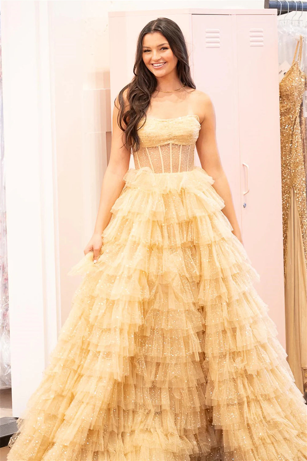 Long Strapless Prom Dress in Golden Tulle with Tiered Skirt and Slit