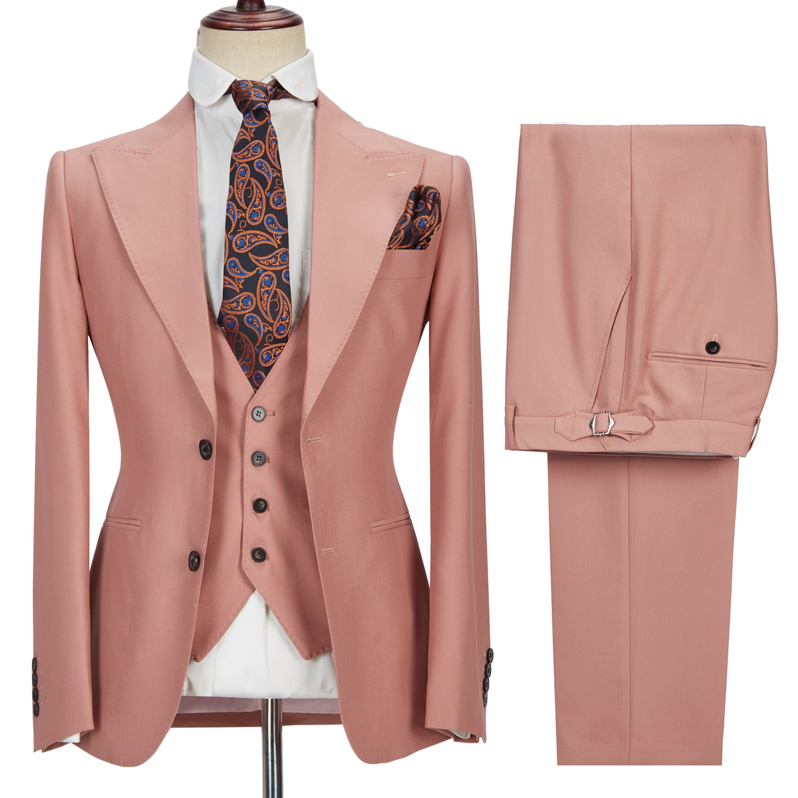 Stylish Pink Two-Button Peak Lapel Marriage Suit for Men in Three Pieces