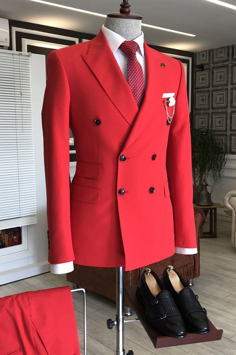 Fashion Red Peaked Lapel Best Double-Breasted Wedding Suits for Groom