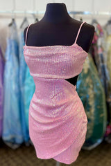 Sparkly Pink Sequins Cut Out Tight Short Homecoming Dress/Mini Dress
