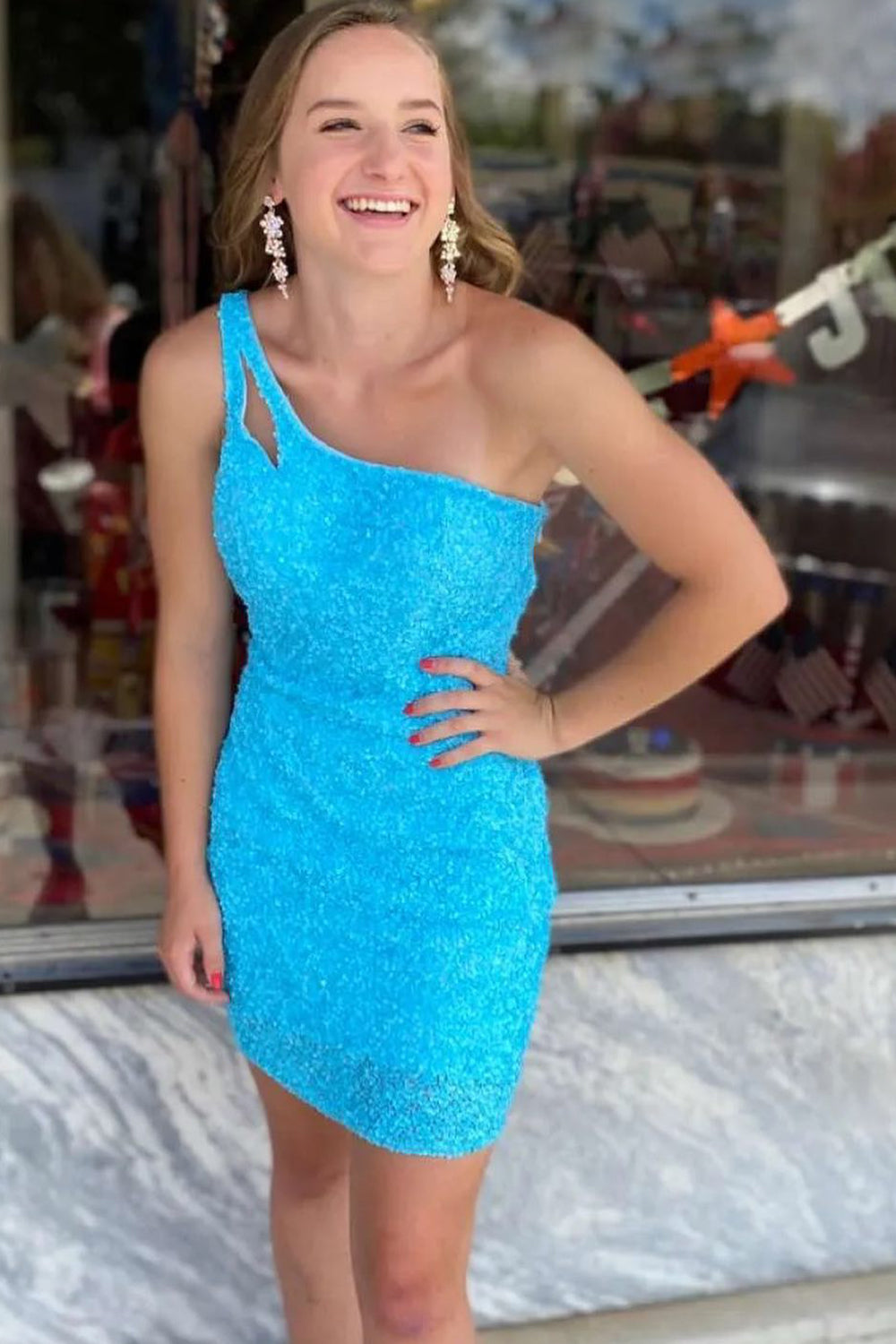 Sparkly Yellow Open Back One Shoulder Sequins Tight Homecoming Dress/Mini Dress