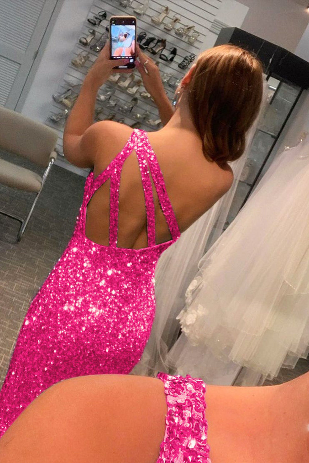 Long Black Glitter Prom Dress Featuring Sequins and a Slit