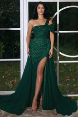 Gorgeous One Shoulder Long Mermaid Evening Dress Ruffles With Beadings