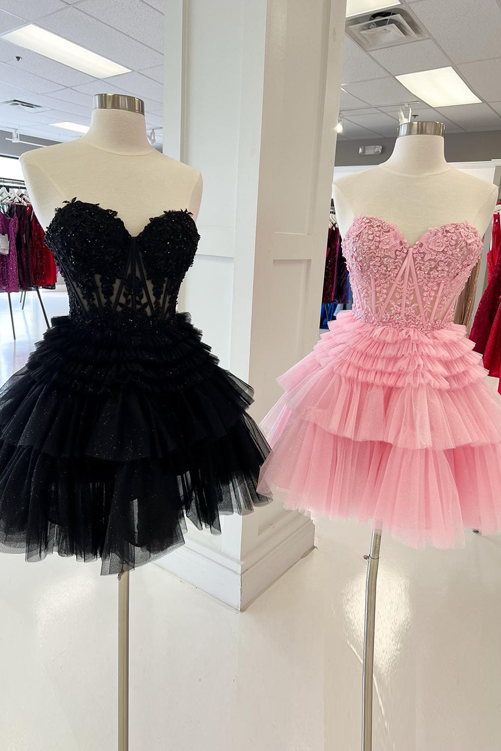 Sparkly Pink Corset Tiered Short A-Line Tulle Homecoming Dress/Mini Dress with Lace